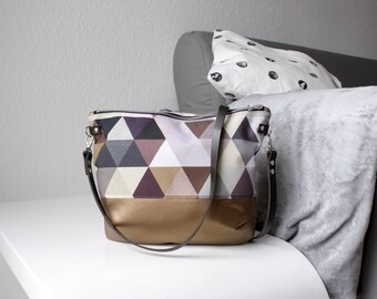 Triangles copper cross body bag with leather handle, ladies handbag, handbag, shoulder bag, Tote, ladies bag