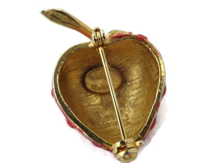 Vintage Pin - Hattie Carnegie Brooch, Strawberry Pin, Goldtone Enamel Brooch, Signed Carnegie Jewelry