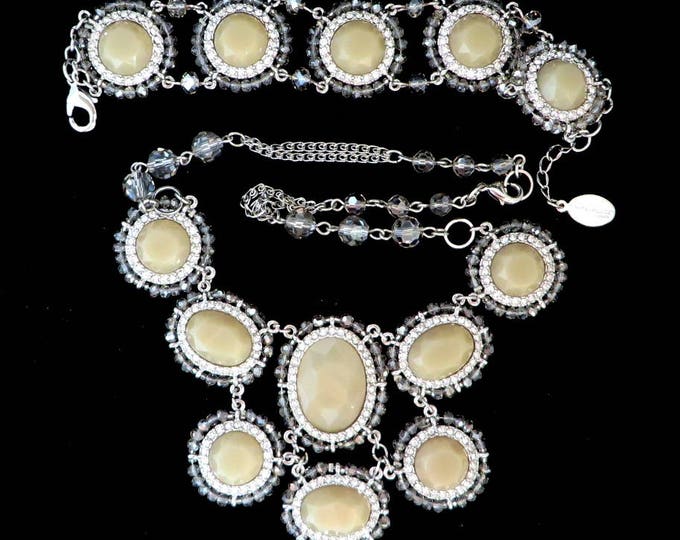 Cream Bead Necklace Set - White House Black Market Necklace, Bracelet, Glass & Rhinestone Demi Parure