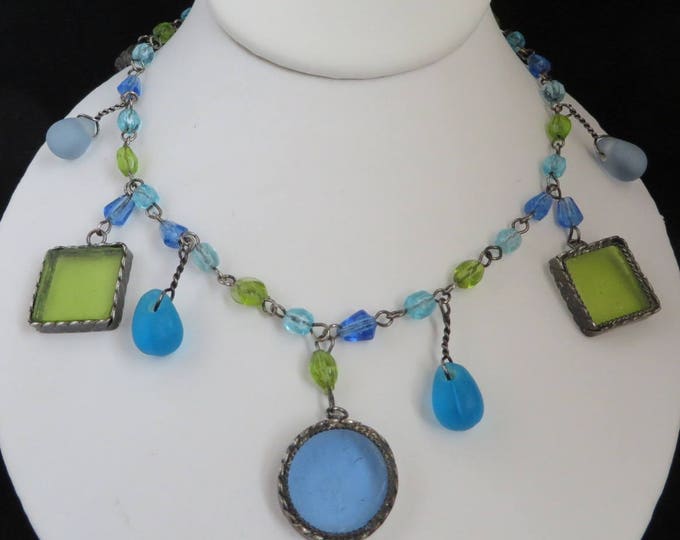 CHICO's Necklace - Vintage Boho Necklace, Green, Blue Glass Beaded Necklace, Gift for Her