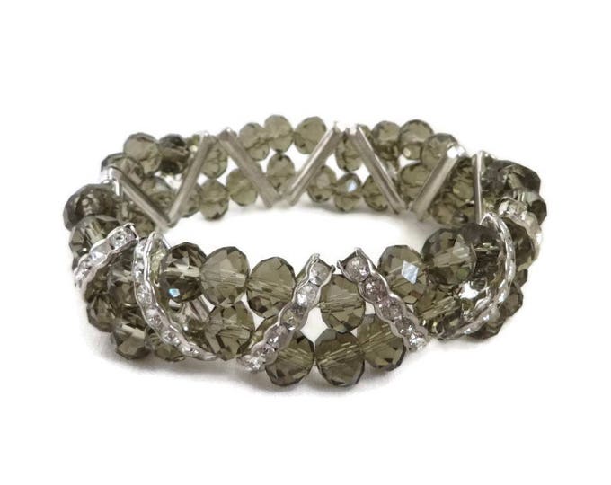Vintage Smoky Gray Stretch Bracelet, Rhinestone Bracelet, Gray Beaded Bangle