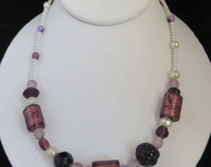 Beaded Necklace, Vintage Purple Bead Neckace, Chunky Faux Pearl Black, White Boho Jewelry, Mother's Day Gift for Her Beaded Necklace, Vintage Purple Bead Neckace, Chunky Faux Pearl Black, White Boho Jewelry, Mother's Day Gift for Her