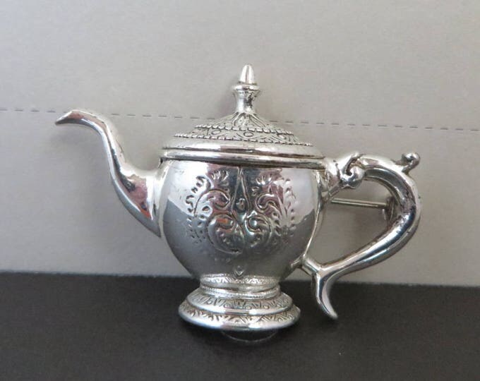 Silver Tone Teapot Brooch, Vintage Scrolled Tea Kettle Pin, FREE SHIPPING