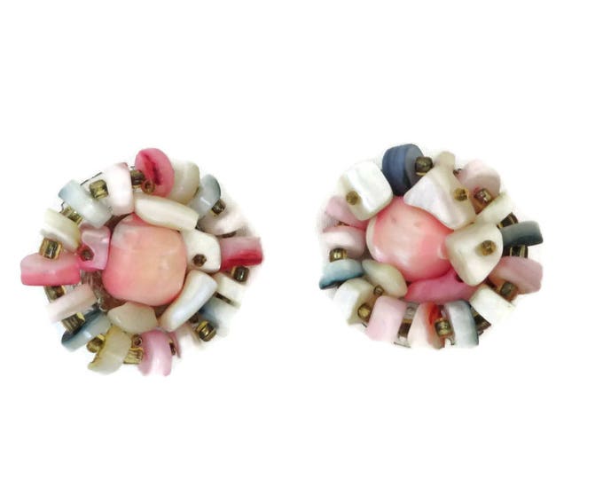 Pink Glass Japan Earrings, Vintage Shell and Glass Cluster Bead Clip-on Earrings, 1960s Jewelry