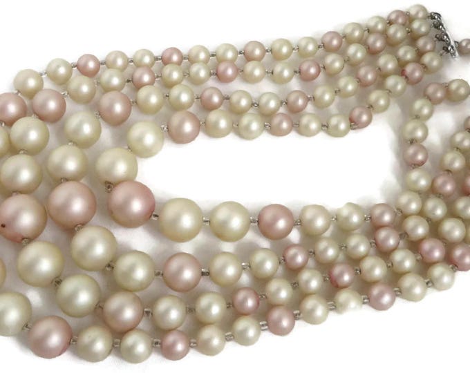 Japan Multistrand Faux Pearl Necklace, Vintage Pink and Cream Four Strand Necklace