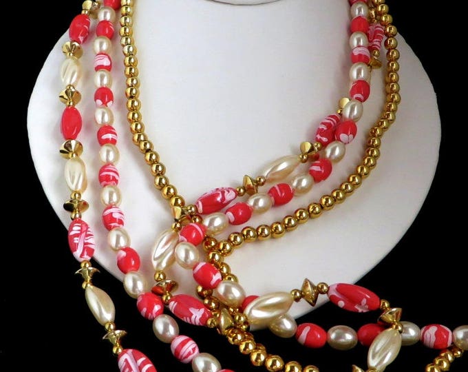 Beaded Faux Pearl Multistrand Necklace, Vintage Pink, White, Gold Tone Beaded Necklace