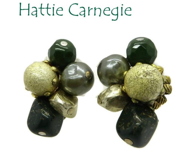 Hattie Carnegie Green Bead Earrings, Vintage Cluster Clip-on Earrings, Signed Carnegie Jewelry