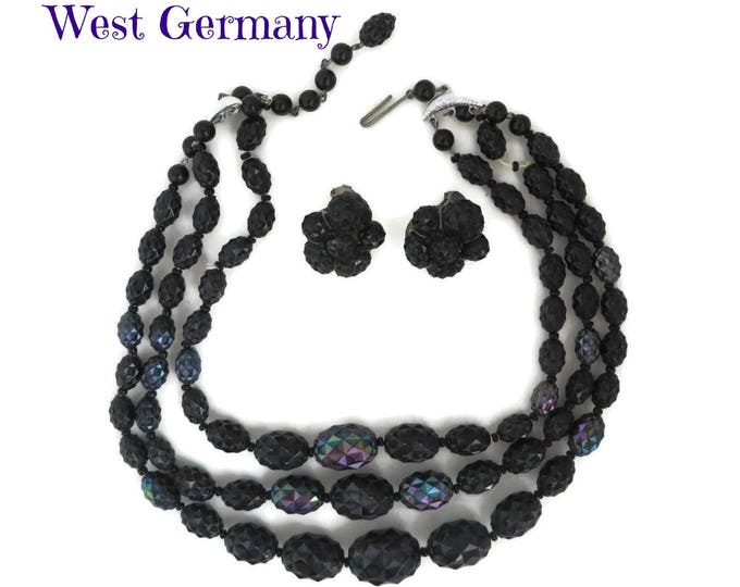 Black Bead Jewelry Set, Necklace & Earrings, West Germany Demi Parure, Multi Strand Necklace, Clip-on Earrings, Gift for Her