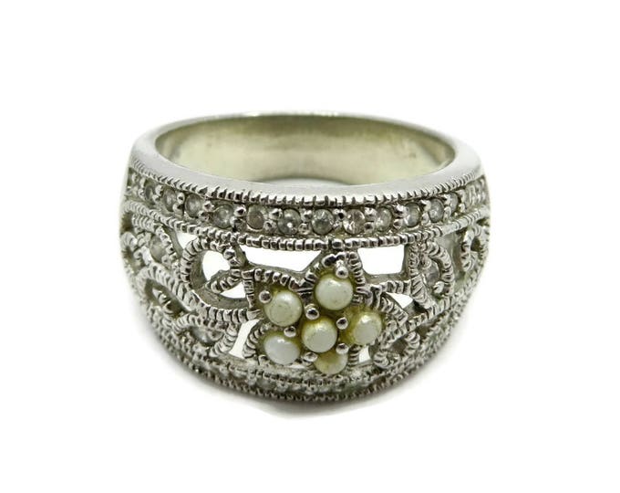 Sterling Silver Filigree Ring, Vintage Faux Pearl & CZ Ring, Size 8, Gift Idea, Gift Box