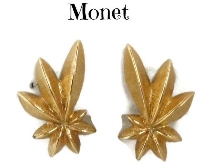Vintage Monet Earrings - Matte Gold Tone Earrings Flowery Clip Ons Vintage Estate Jewelry Gift Idea Designer Signed Runway