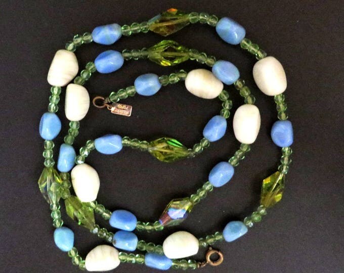 Signed Hattie Carnegie Necklace | Vintage Art Glass | Cream Blue Green Glass Beaded Necklace