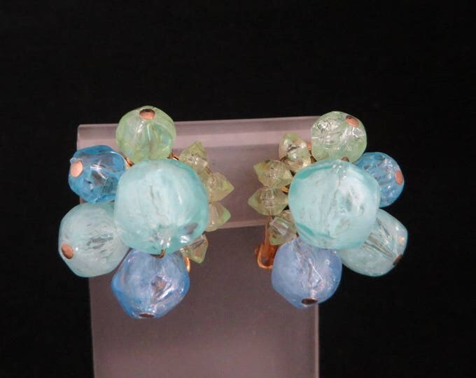 Carnegie Cluster Bead Earrings - Vintage Pastel Lucite Beaded Clip-on Earrings, Gift for Her