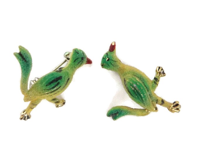Roadrunner Brooches - Vintage 1950s Korea Green and Yellow Roadrunner Brooch Pair, Gift for Her