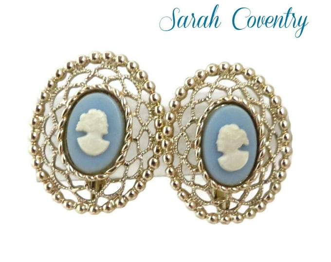 Cameo Blue Gold Earrings - Sarah Coventry Filigree Clip-on Earrings, Gift for Her, Gift Boxed
