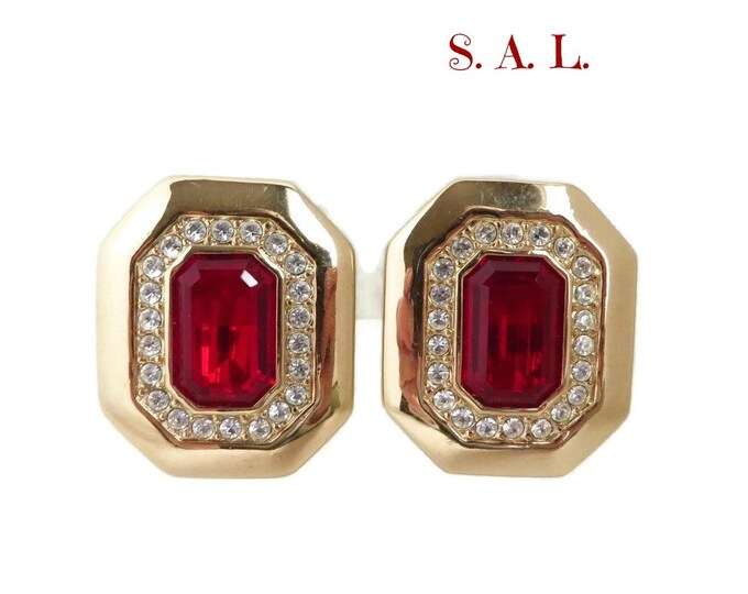 Vintage S.A.L. Swarovski Crystal Earrings, Ruby Red & Clear Rhinestone Earrings, Gold Tone Clip-on 1970s Jewelry