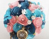 Paper Flower Wedding Origami Rose Bouquet Alice in Wonderland mad hatters tea party pink blue theme alternative fun