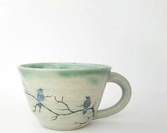 Three Little Birds Tea Cup in Celadon Green - Handmade Stoneware