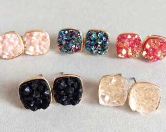 Geode Druzy Gold Square Stud Earrings - Raw Crystal Earrings - Quartz - White Druzy Earrings - Bridesmaid gift - Kendra Scott Inspired