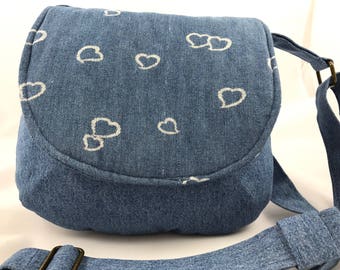 Repurposed cotton denim-shoulder bag-medium sized purse-UpCycled jumper and skirt-repurposed-eco-friendly-washable-cotton saddle bag-hearts