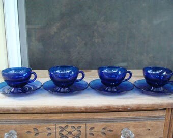 Antique New Martinsville Moondrops Cobalt Blue Glass Coffee Or Tea Cup And Saucer Set Of Four Cups And Saucers Depression Era Set Of 4