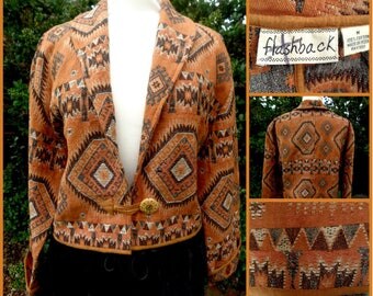 Vintage Jacket Rustic Mexiicon South Andes Tibetan Style Woven By Flash Back Made In The USA Black Copper l