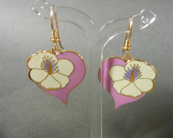 Laurel Burch Hiibiscus Heart Earrings, Laurel Burch earrings, Laurel Burch pink flower earrings, Laurel Burch, Laurel Burch dangle earrings