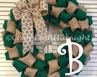 CPM Initial Letter B Burlap Wreath In Natural And Turquoise