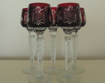 5 Ruby Bohemian Crystal Glass Cordials Stemware Cut to Clear Liquor Liqueur Stems