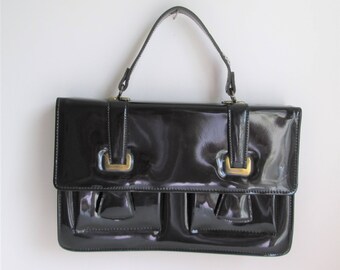 50's-60's mod black patent leather suitcase style handbag / Celestial by Markay