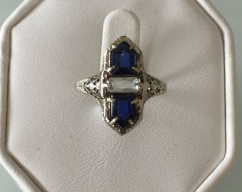 14k white gold Art Deco ring size 7 1/4, synthetic blue and white stones, 14k white gold Art Deco ring