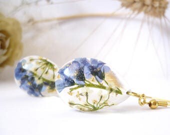 Forget Me Nots Earrings - Forget Me Nots Jewelry - Teardrop Resin Earrings - Real Flower Earrings - Botanical Earrings - Gifts Under 20