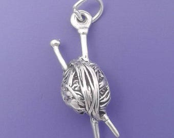 Ball of Yarn Charm Necklace Yarn and Needles Charm Sterling