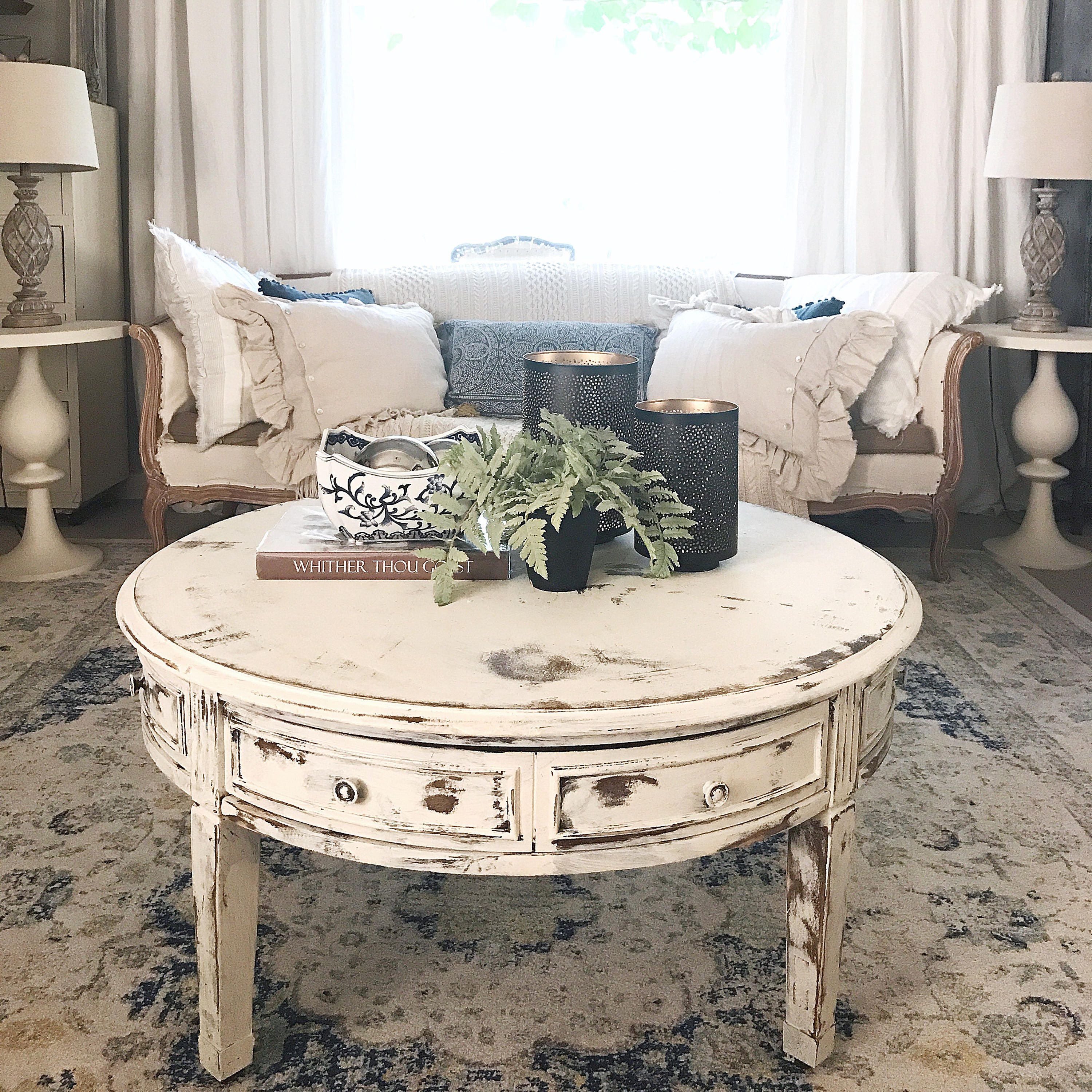 Coffee Table White Distressed Round Living Room Table