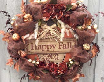 Happy Fall Door Wreath, Pumpkin Wreath, Fall Front Door, Autumn Door Wreath, Fall Decor, XL Fall Wreath, Magnolia Front Door Wreath