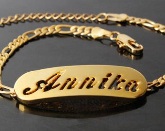 Name Bracelet ANNIKA - Personalized Bracelet. 10" Figaro Chain with Gift Box and Gift Bag.