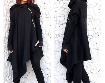 SALE 15% OFF Asymmetric Extravagant Black Coat, Black Extravagant Coat, Loose Black Hooded Jacket, Black Hoodie TC03 by Teyxo
