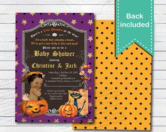 Halloween baby shower invitation. Vintage African American couple coed baby shower digital invite. Little pumpkin on the way HA025