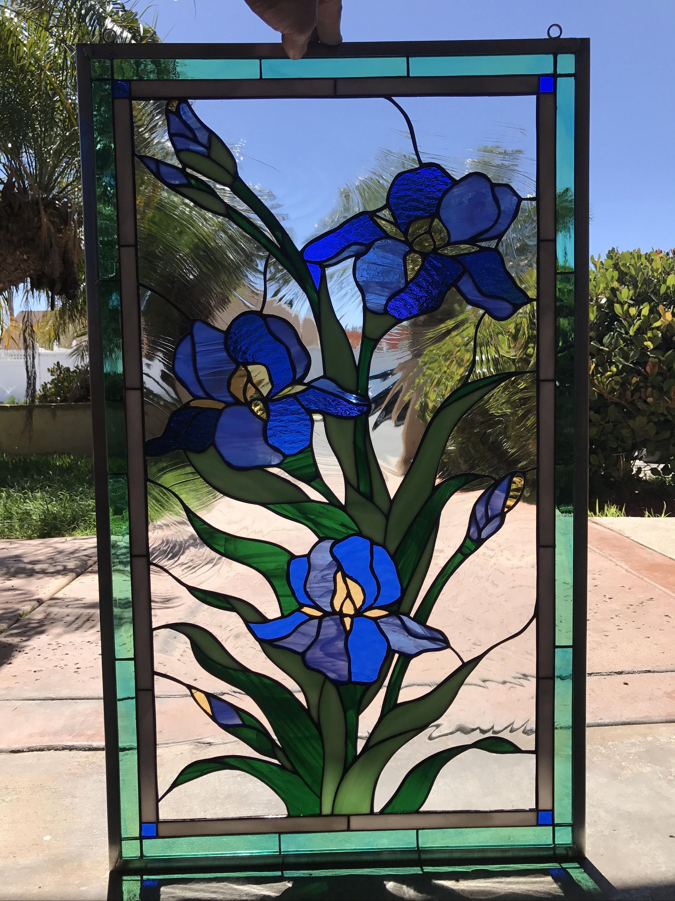 The Elegant Iris trio Stained Glass Window Panel