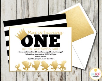 Where The Wild Things Are Invitation, Where The Wild Things Are Birthday Invitations, Party Invite, Wild One, Gold, Black, White