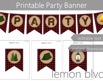 Camping Party Banner | Camping Instant Digital Download | Editable Text | Camping Red Plaid Party Bunting Banner | Camp Party