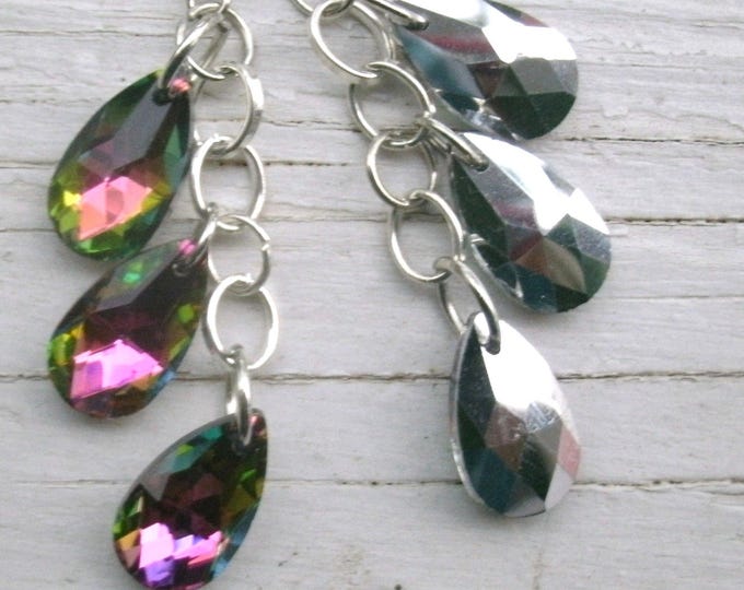 Deep color play Crystal earrings- 3 teardrop vitrail jewel toned crystal beads hung on rings of chain, stainless steel hypoallergenic wires