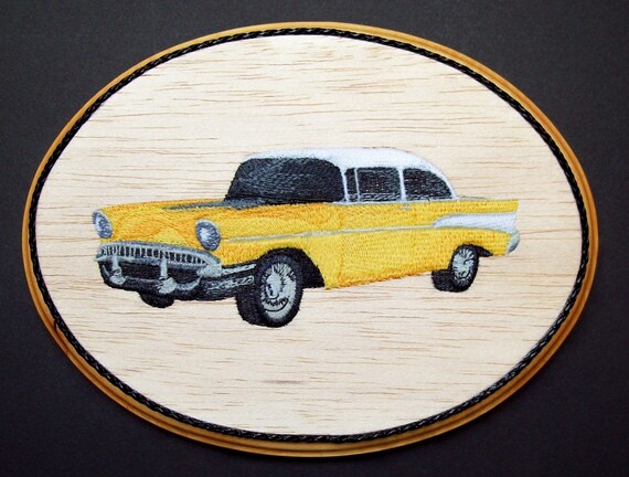 Items similar to 1957 Chevy Classic Car Wall Decor Wood Embroidery Art