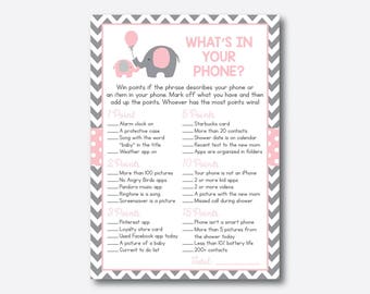 Instant Download, Elephant What's in Your Phone Game, Elephant Phone Raid Game, Elephant Baby Shower Games, Pink Gray Chevron, Girl (SBS.36)