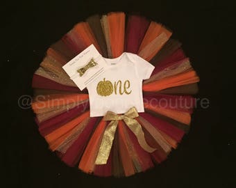 Girl's first birthday outfit-pumpkin-one-1st birthday-fall birthday outfit-fall tutu-tutu-brown tutu-orange tutu-1