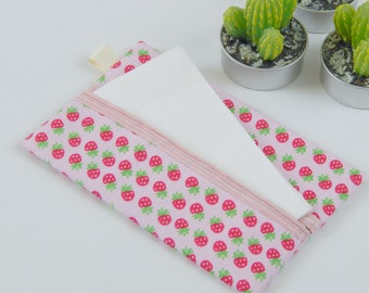 Pocket tissue holder, travel tissue holder, strawberry fabric, fabric tissue holder, perfect handbag organiser, gift for teacher