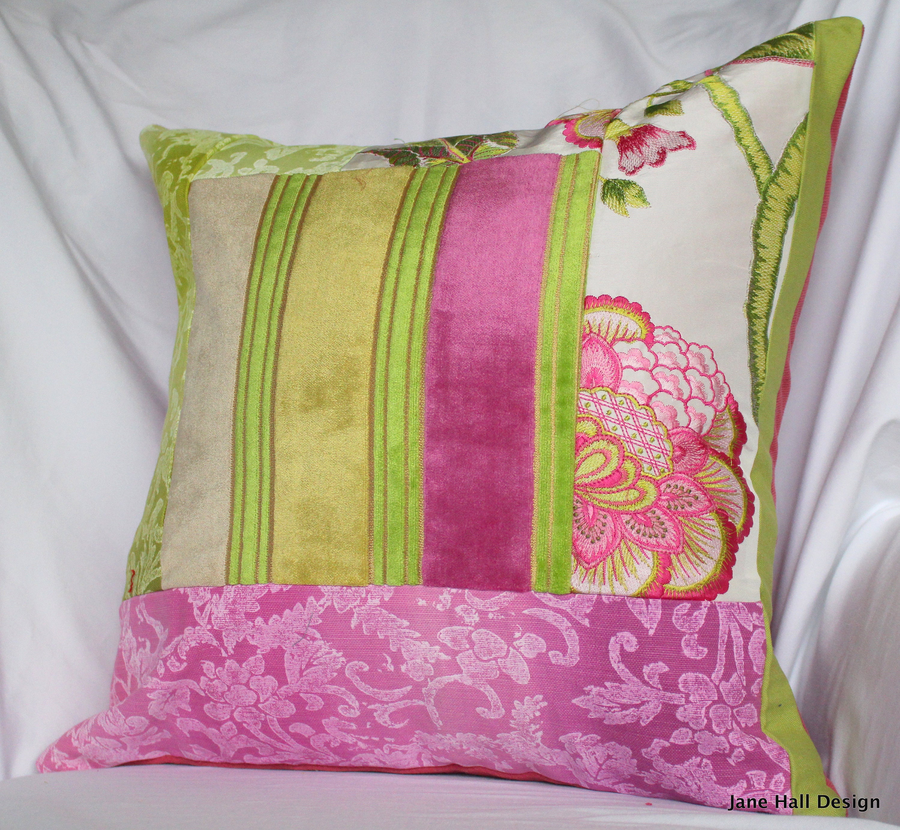 Designers Guild, Pink and Green Striped , Cut Velvet Upholstery Fabric