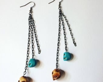 Bone Skull and Blue Skull Bead Earrings // Crystal Jewelry