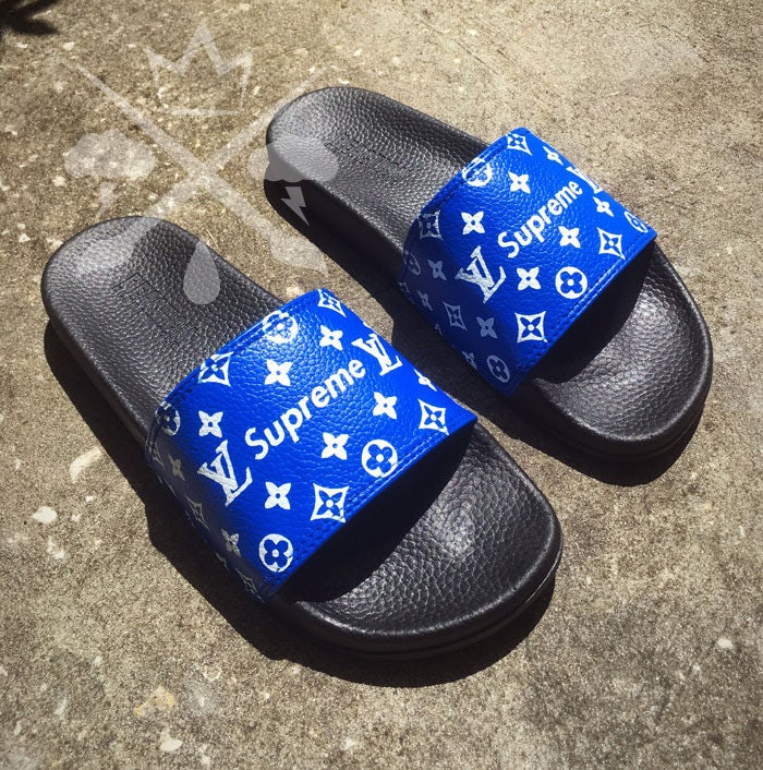 Blue Supreme Louis Vuitton Luxury Designer Custom Slides