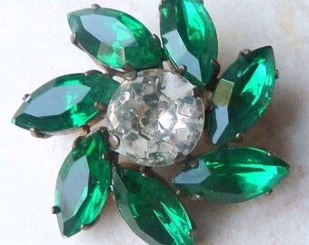 Vintage Green Rhinestone Flower Statement Brooch