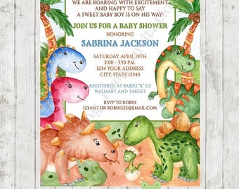 SALE Custom PRINTED Watercolor Dinosaur Baby Shower Invitations - envelope included - .99 each - by Dancing Frog Invitations